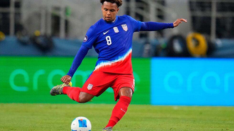 FILE - United States' Weston Mckennie clears the ball during the first half of a CONCACAF...