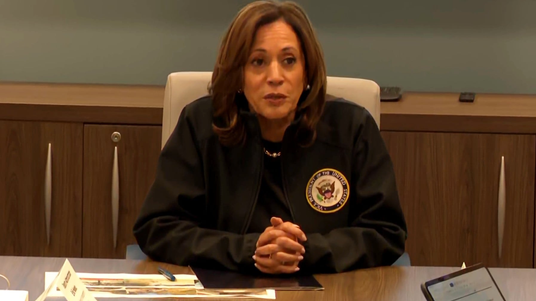 Vice President kamala Harris is briefed on Hurrucane Helene on Wednesday in Augusta.
