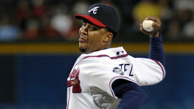 Atlanta Braves closer Octavio Dotel delivers to the Houston Astros during the ninth inning of...