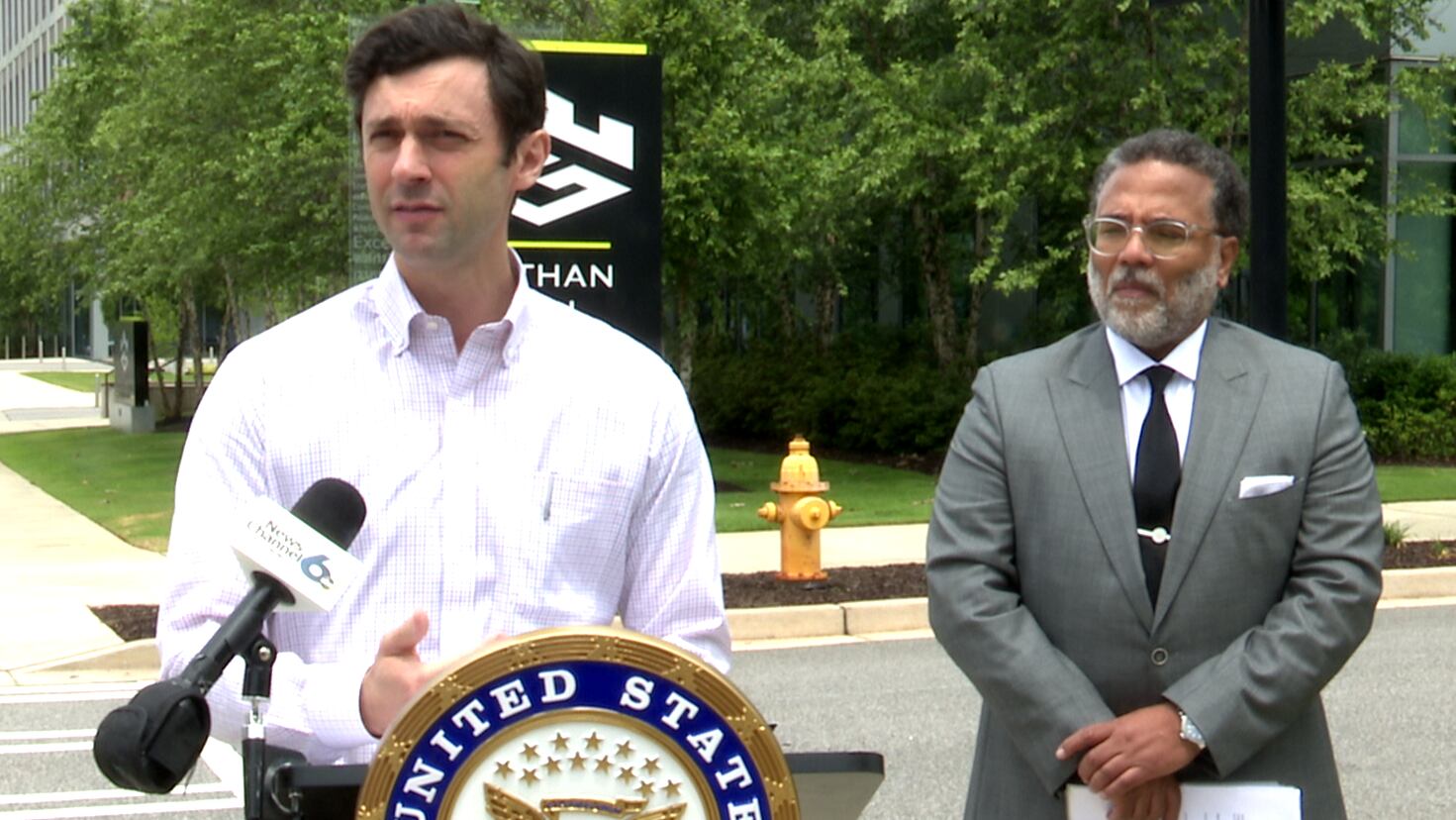 From left, U.S. Sen. Jon Ossoff and National Cyber Director Harry Coker Jr. at the Georgia...