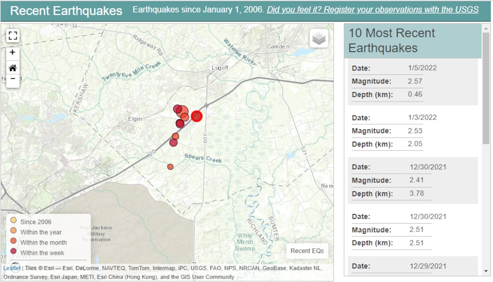 Recent earthquakes reported in South Carolina