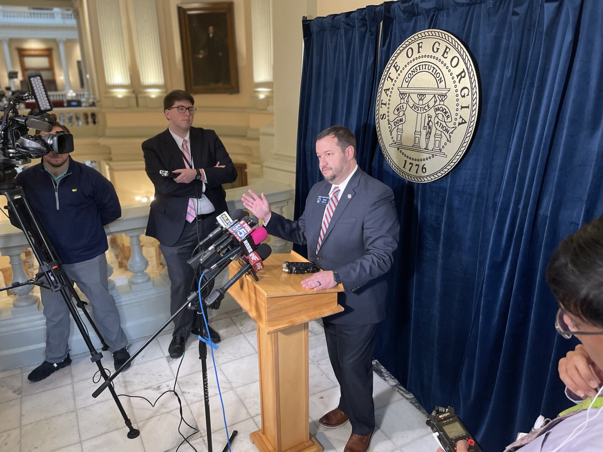 State Sen. Jason Anavitarte, R - Dallas, sponsor of SB47, addresses reporters after the bill...