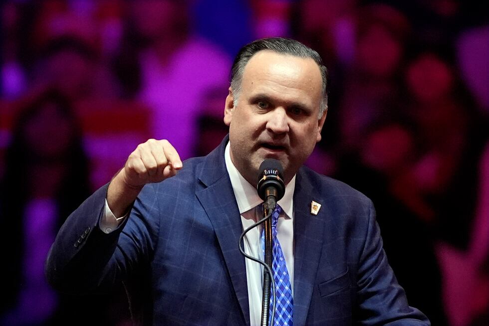 Dan Scavino speaks before Republican presidential nominee former President Donald Trump at a...