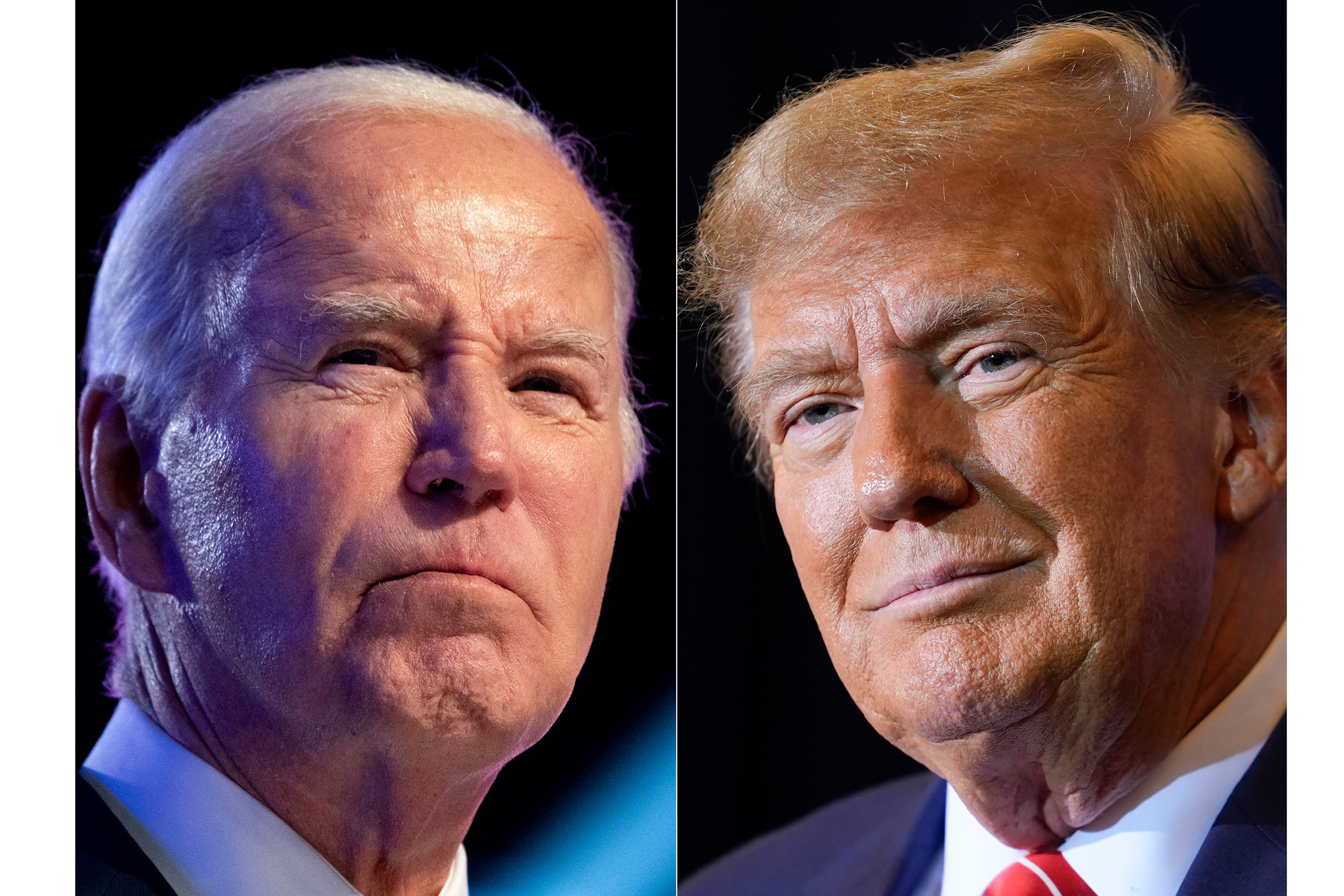 FILE - This combo image shows President Joe Biden, left, Jan. 5, 2024, and Republican...