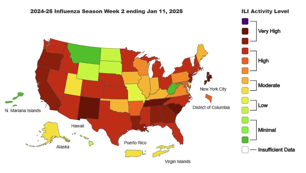 Latest map of U.S. flu activity