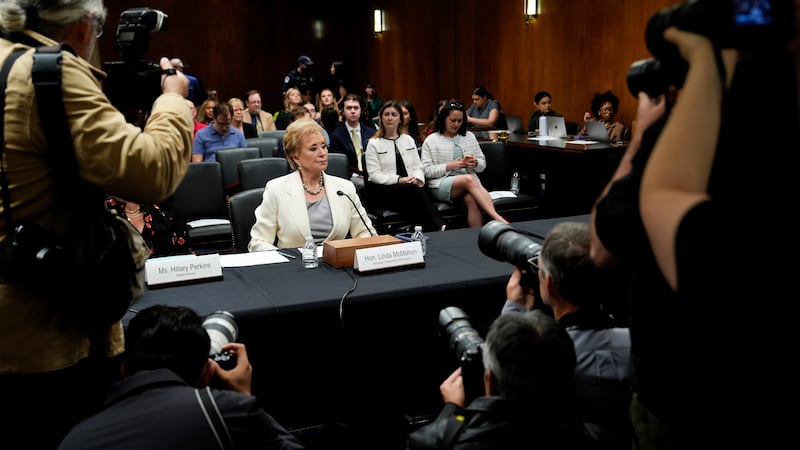 Education Secretary Linda McMahon arrives for a Senate Appropriations hearing, Tuesday, June...