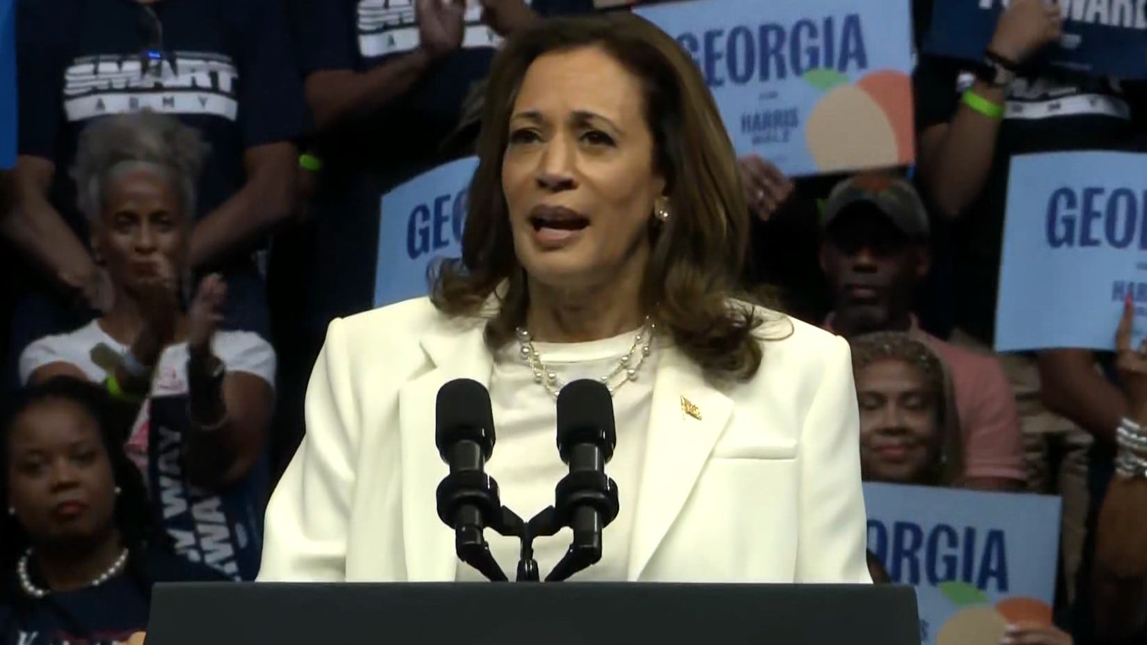 Democratic presidential candidate Kamala Harris speaks to a crowd at a Savannah rally on Aug....