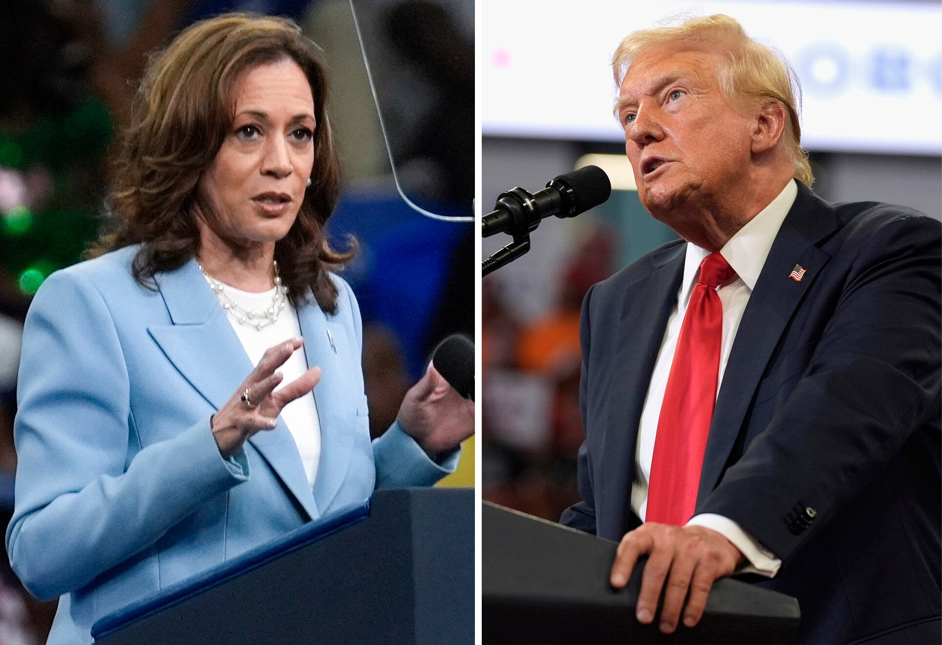 This combination of photos taken at campaign rallies in Atlanta shows Vice President Kamala...