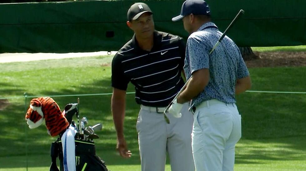 Tiger Woods practices at Augusta National Golf Club on April 2, 2023.