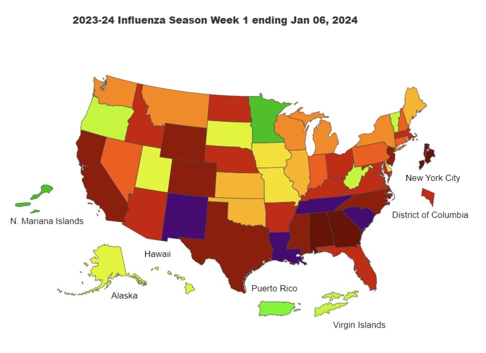 Most recently available flu map from the Centers for Disease Control and Prevention.