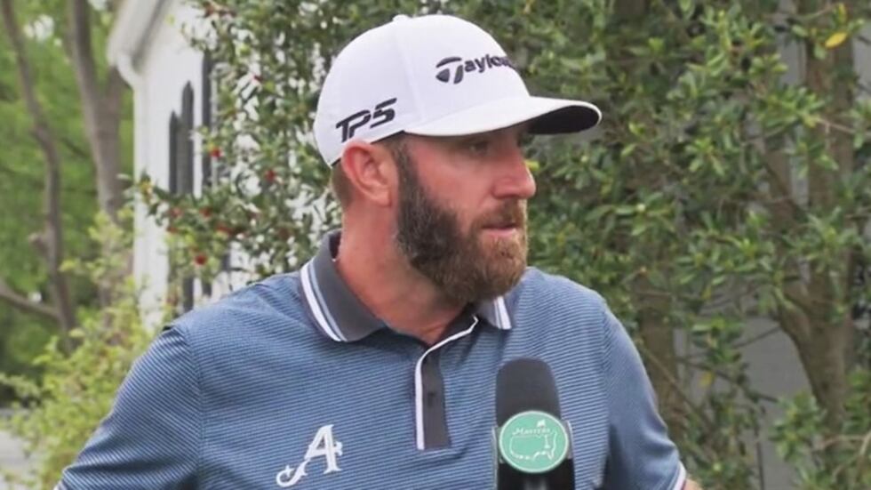 Dustin Johnson answers questions on April 3, 2023.