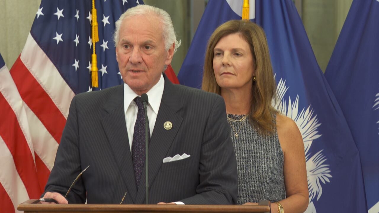 Gov. Henry McMaster, left and ed by Lt. Gov. Pamela Evette, speaks at a news conference at...