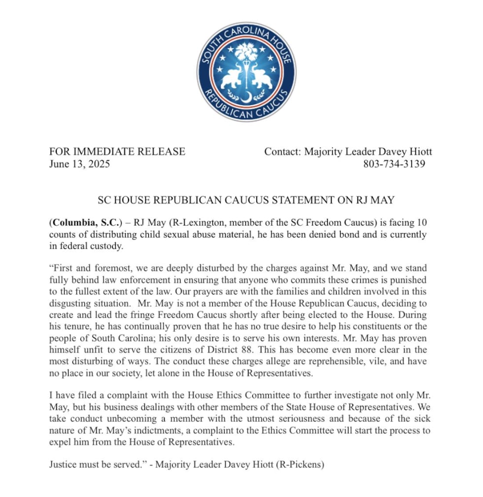 Letter from South Carolina House Majority Leader Davey Hiott