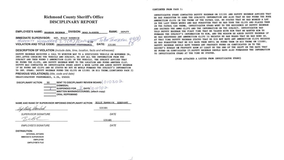 Brandon Beckman's disciplinary report for 2001 incident.