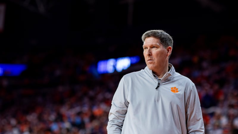 Clemson head coach Brad Brownell looks on during the first half of an NCAA college basketball...