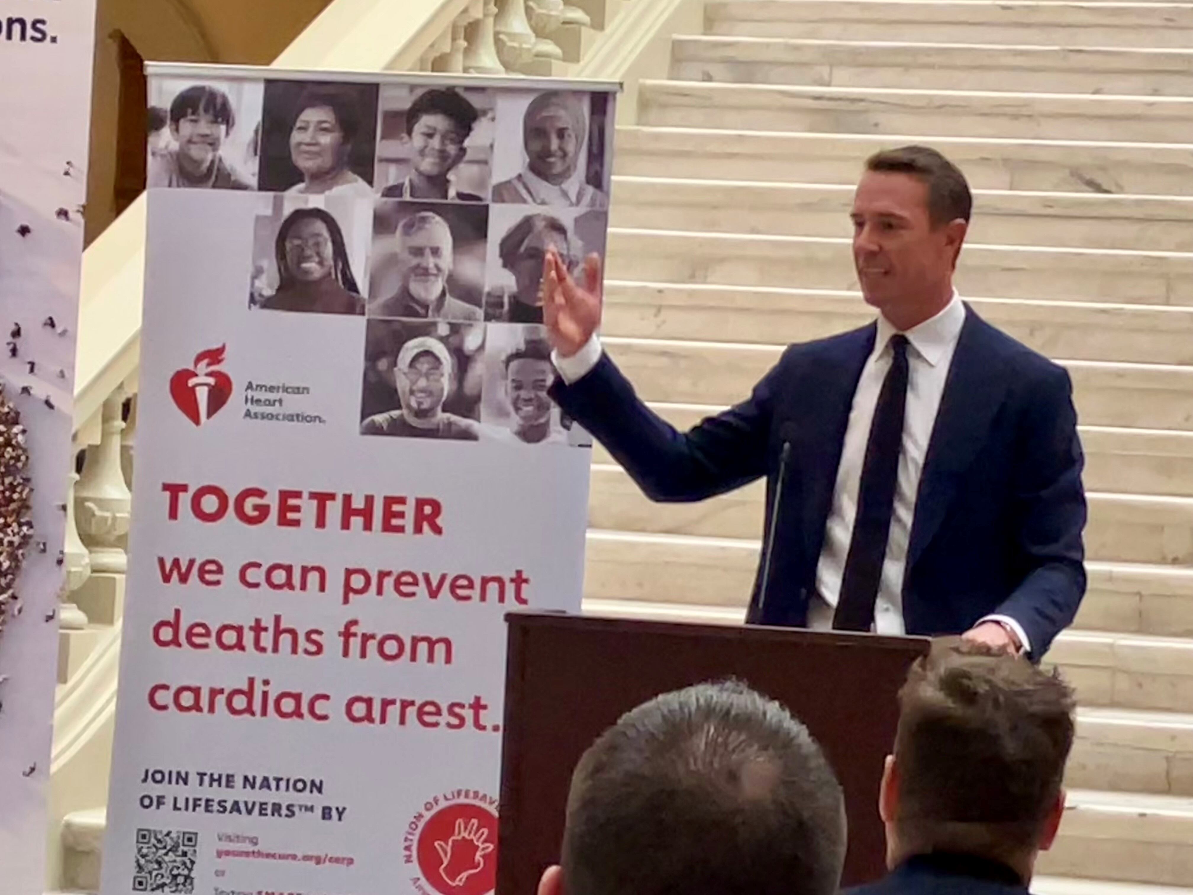 Former Atlanta Falcons quarterback Matt Ryan speaks in favor of House Bill 874 which would...