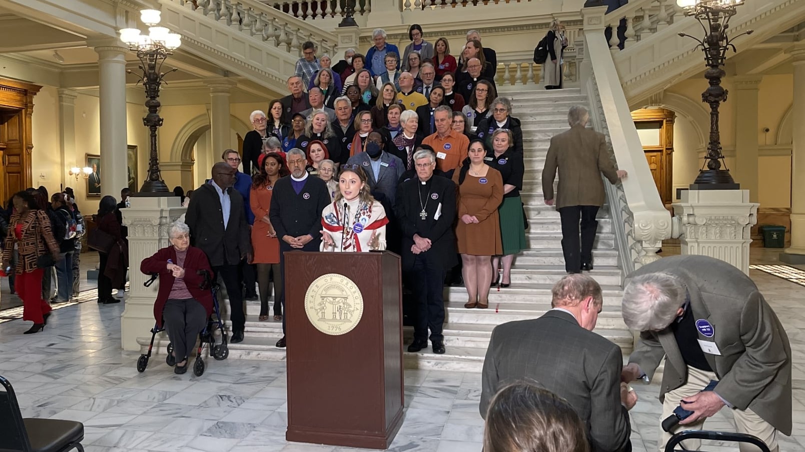 Disability advocates at the Georgia Capitol on Wednesday, February 12, 2025. Some were arguing...