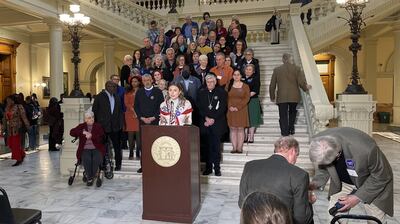 Disability advocates at the Georgia Capitol on Wednesday, February 12, 2025. Some were arguing...