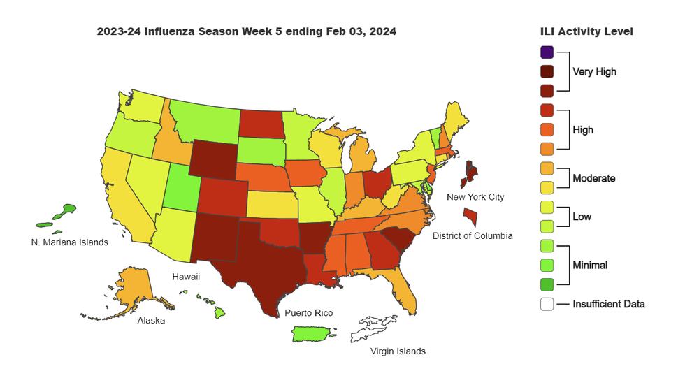 Latest flu map available from the Centers for Disease Control and Prevention.
