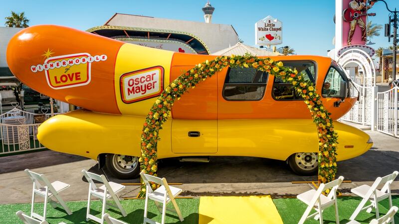 The iconic Wienermobile will be parked outside the iconic Little White Wedding Chapel in Las...