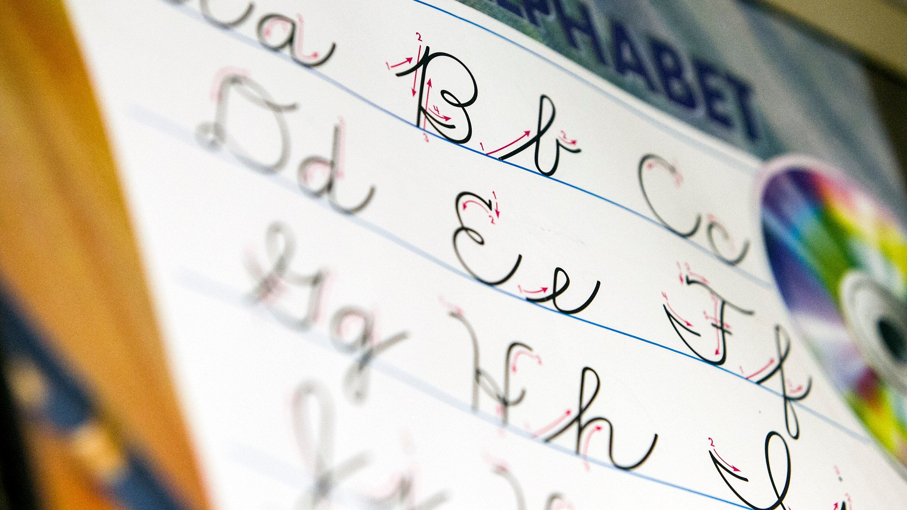 A cursive alphabet in a Coolidge Elementary School classroom in Cedar Rapids on Wednesday, May...