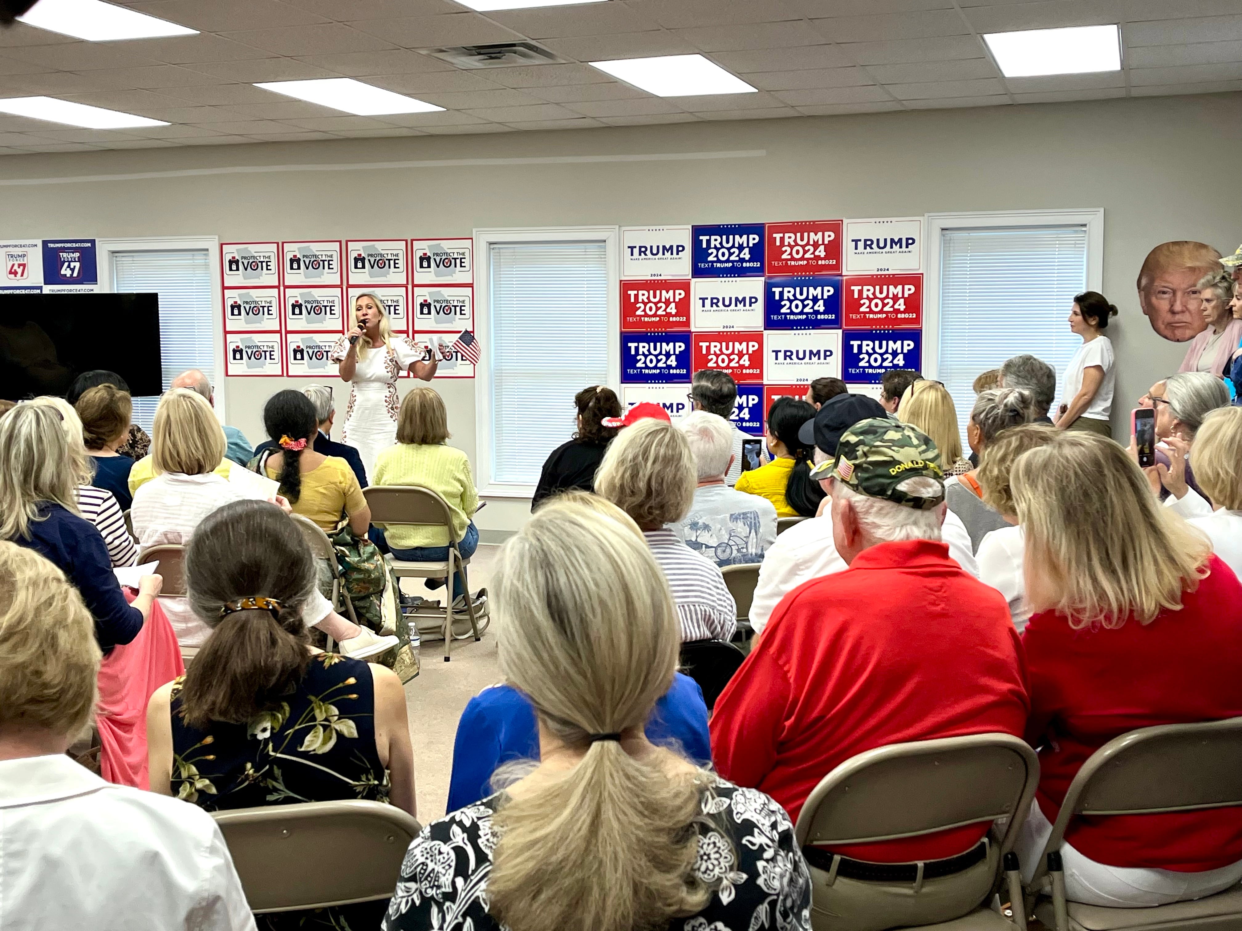 U.S. Rep. Marjorie Taylor Greene spoke to a group of volunteer poll watchers on Sunday at the...