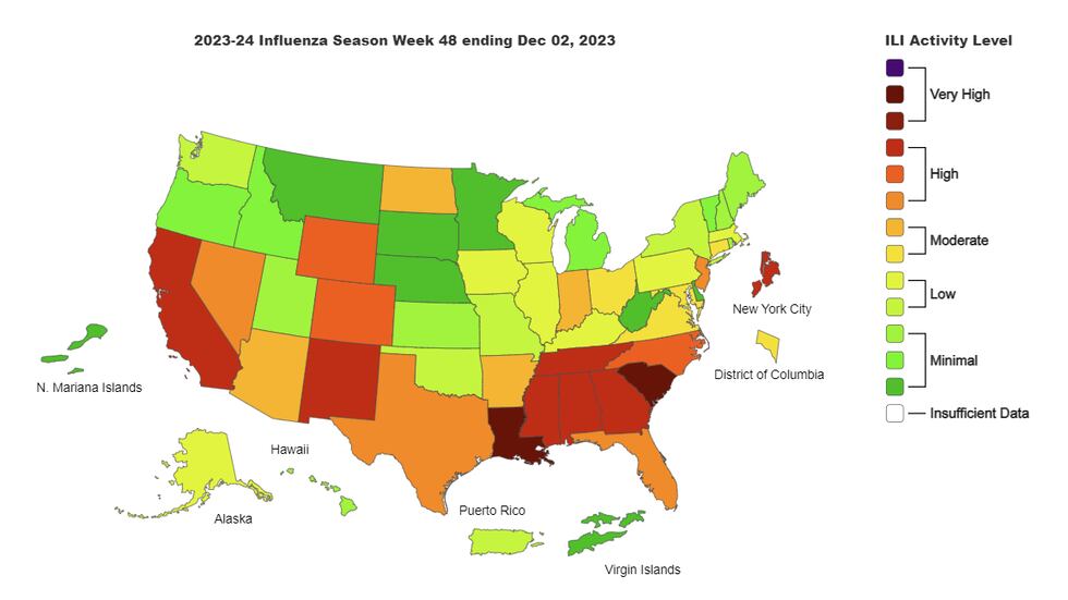 U.S. flu map for the week ending Dec. 2, 2023.