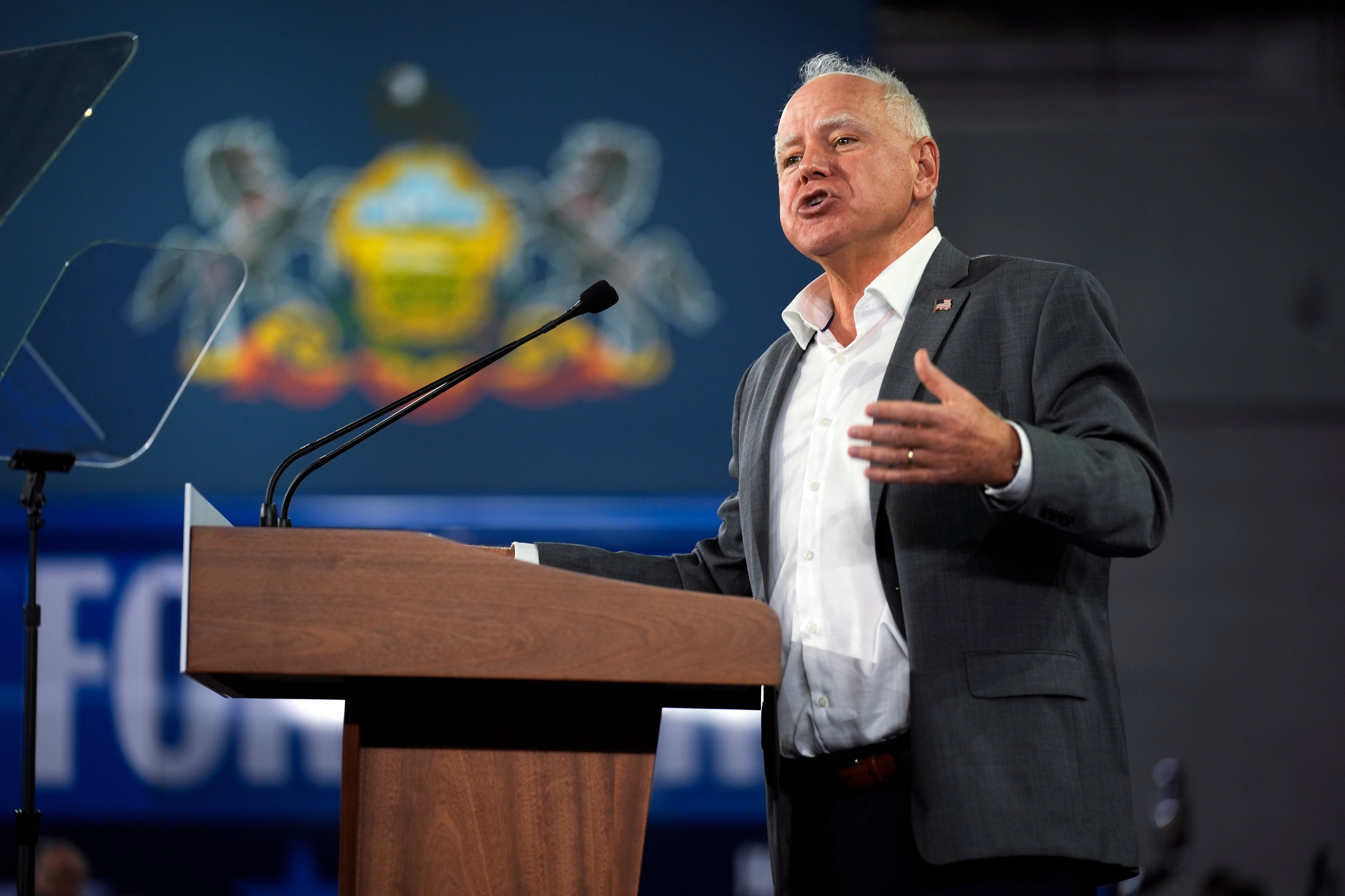 Democratic vice presidential candidate Minnesota Gov. Tim Walz speaks during a campaign event...
