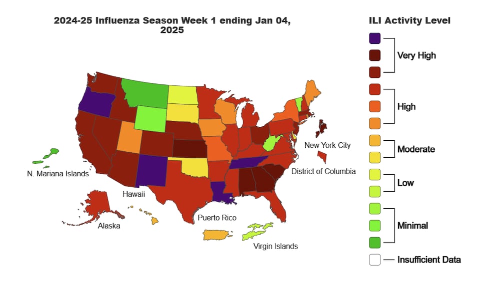Here are the CDC's latest flu ratings for states.