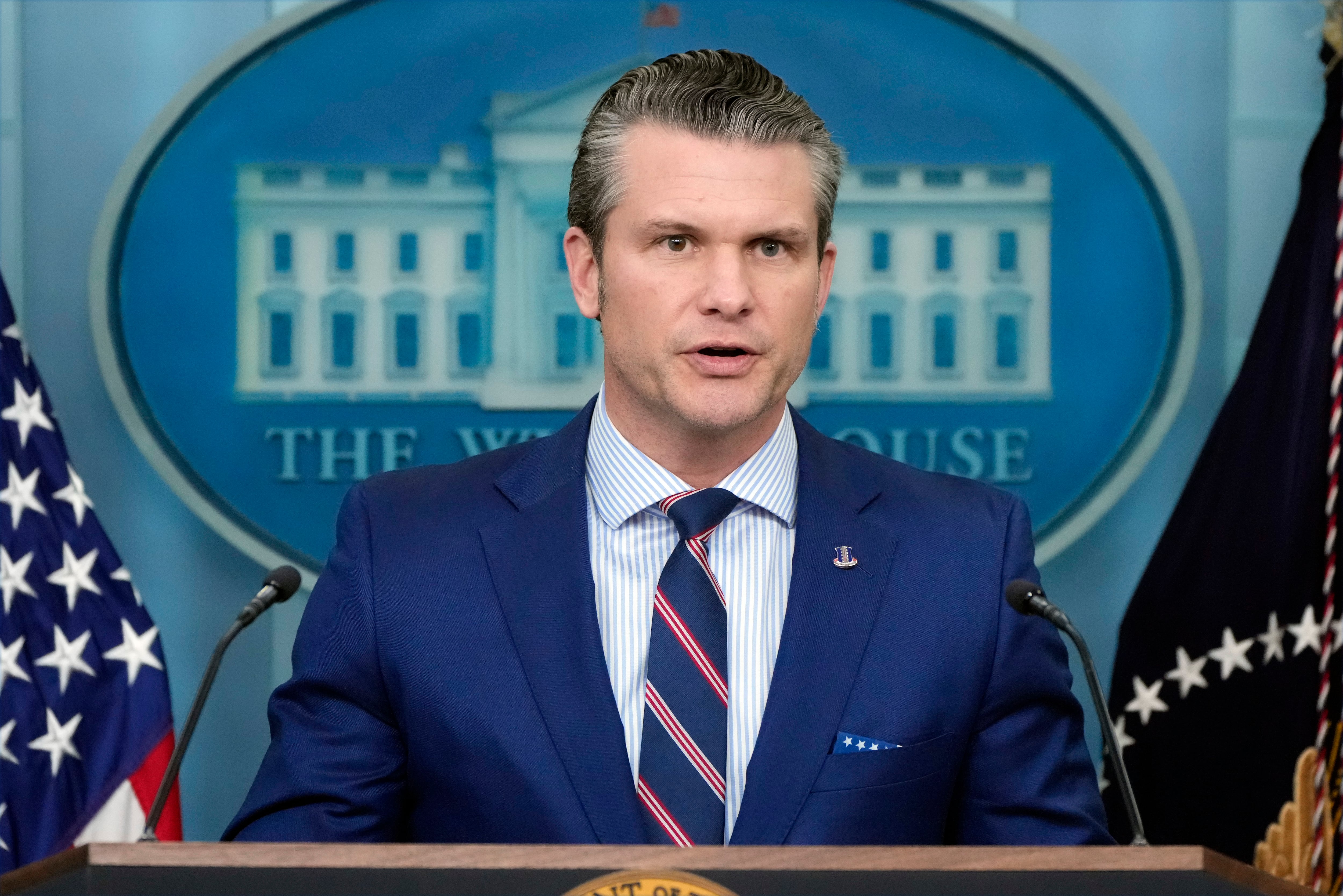 Defense Secretary Pete Hegseth speaks in the James Brady Press Briefing Room at the White...