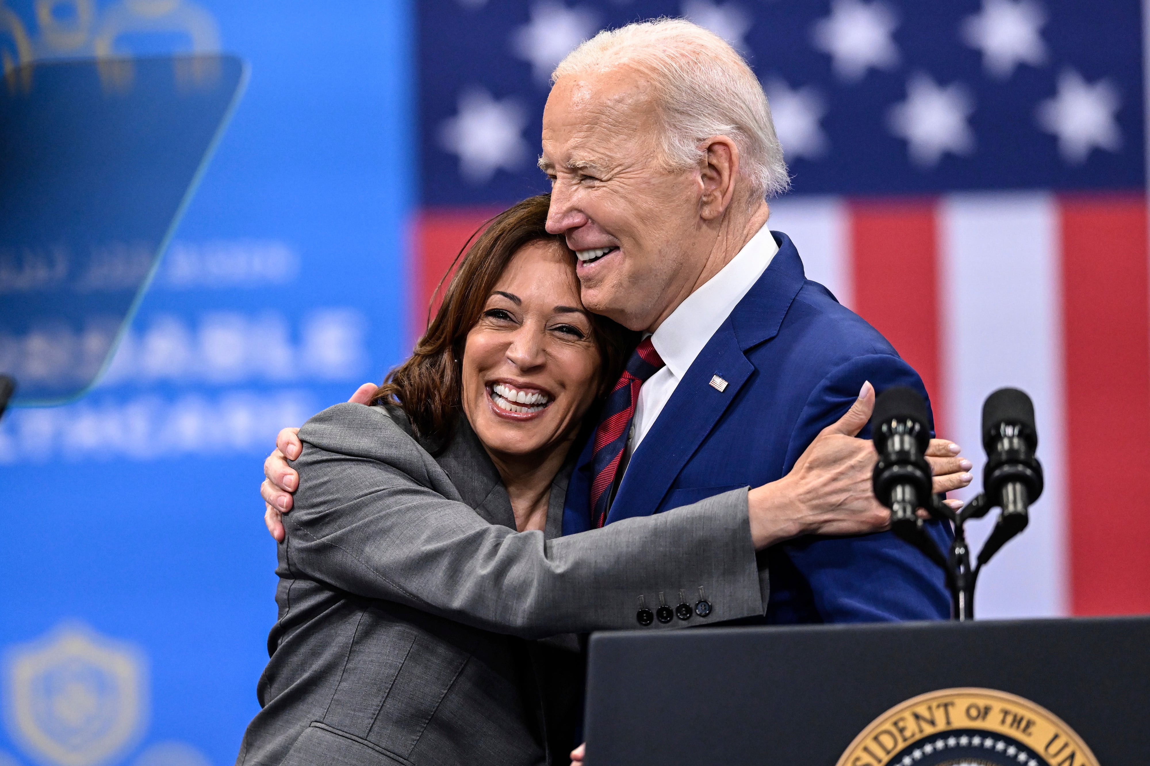 FILE - Vice President Kamala Harris embraces President Joe Biden after a speech on healthcare...