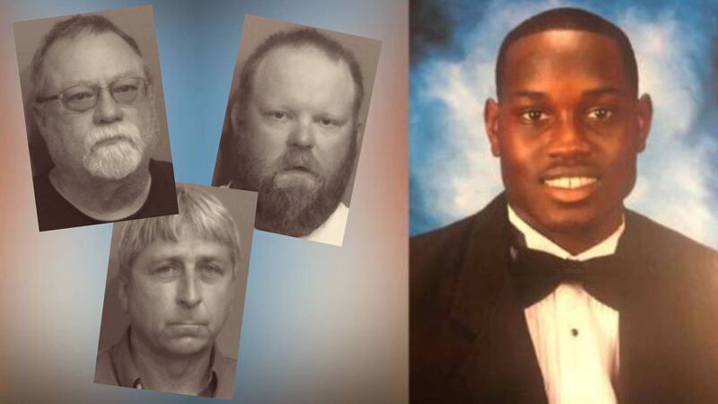 Gregory McMichael (left top), Travis McMichael (center top), Ahmaud Arbery (right), William...