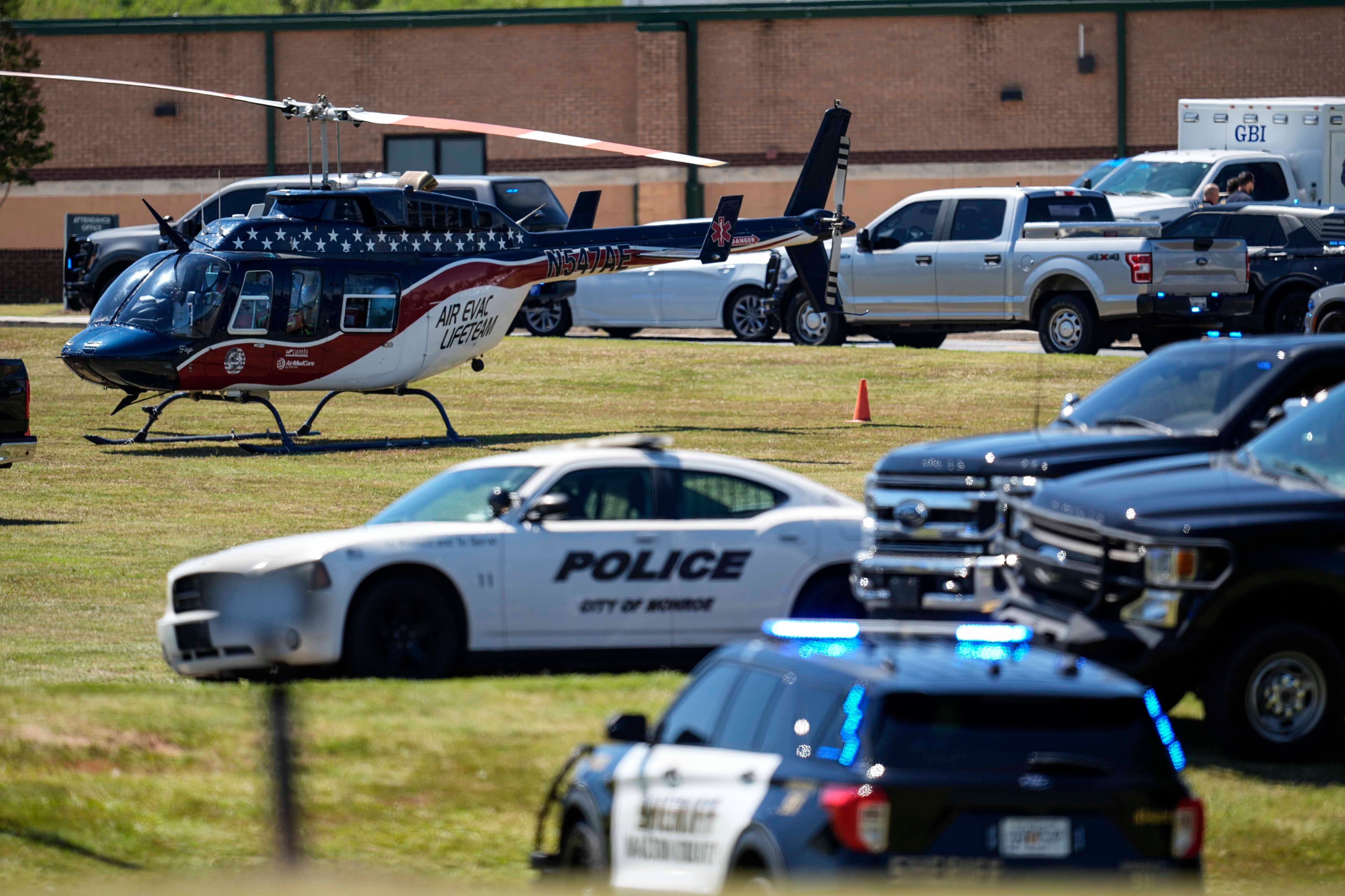 A medical helicopter is seen in front of Apalachee High School after a shooting at the school...
