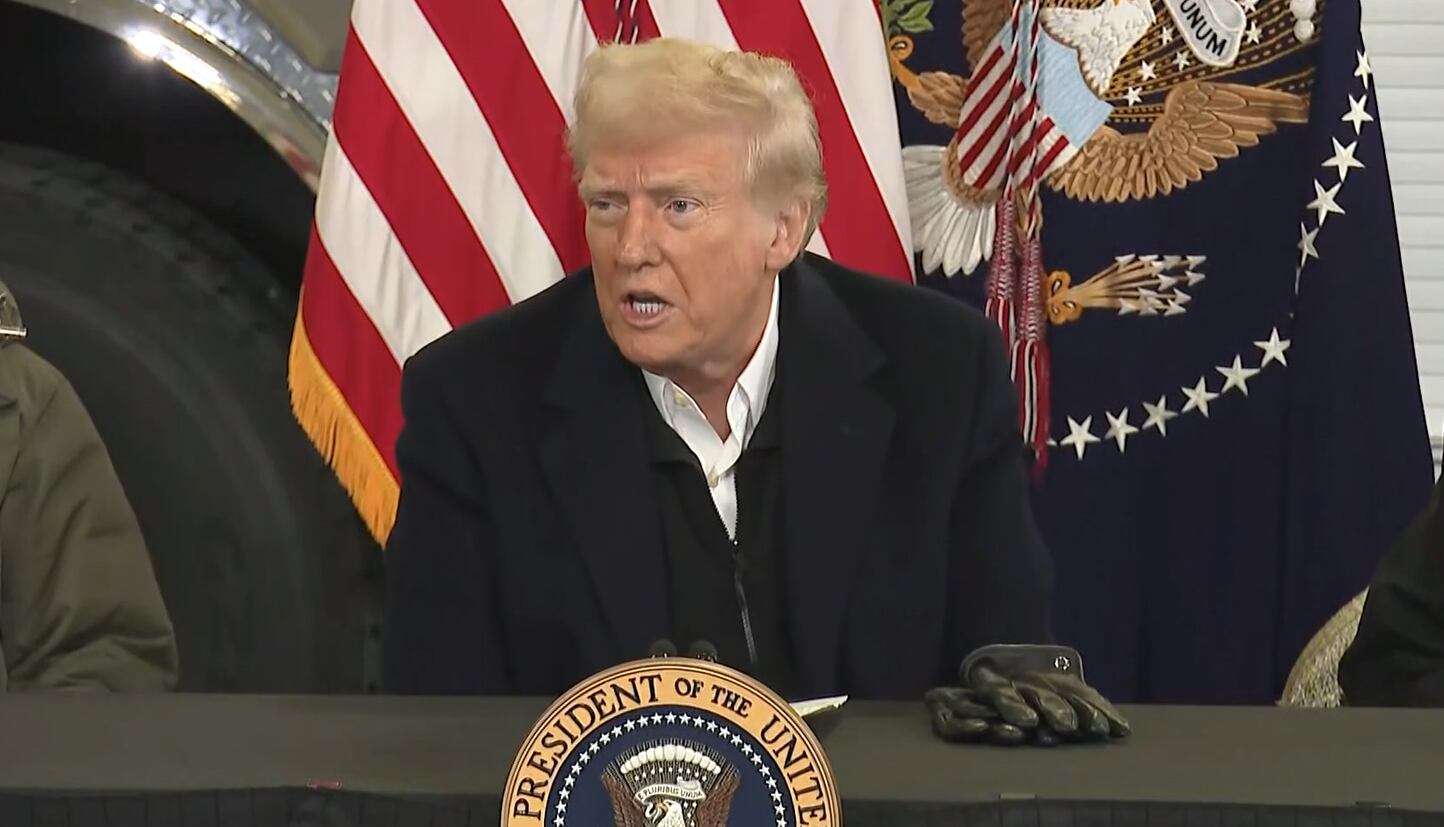 President Donald Trump shares remarks about getting rid of FEMA at a briefing in Western North...
