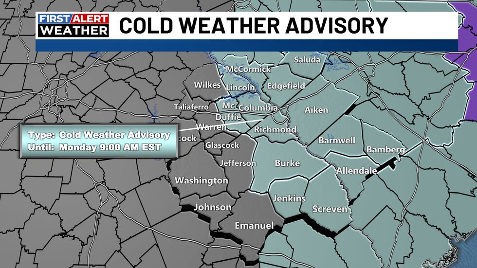 A cold weather advisory has been issued for portions of the CSRA Monday morning.