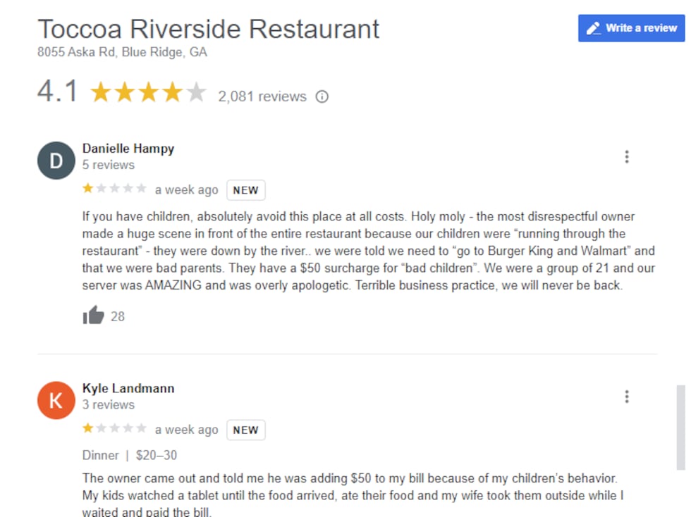 Two Google reviews from Toccoa Riverside Restaurant commenting on "adults unable to parent"...