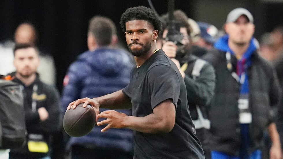 FILE - Colorado quarterback Shedeur Sanders takes part in ing drills during Colorado's NFL...