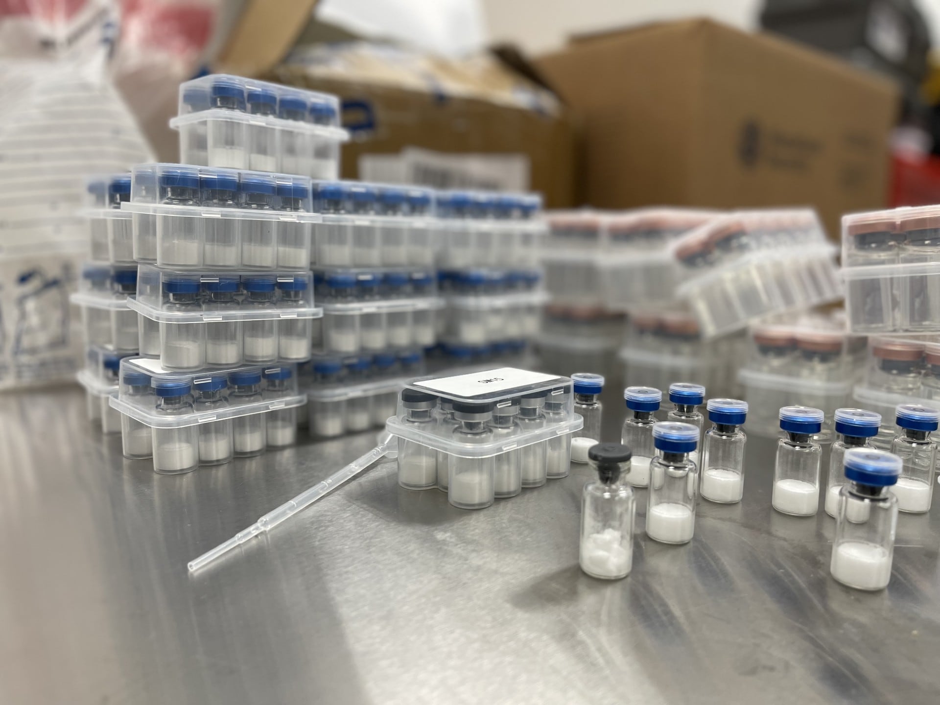 A shipment of bogus human growth hormone (HGH) seized by U.S. Customs and Border Patrol in...