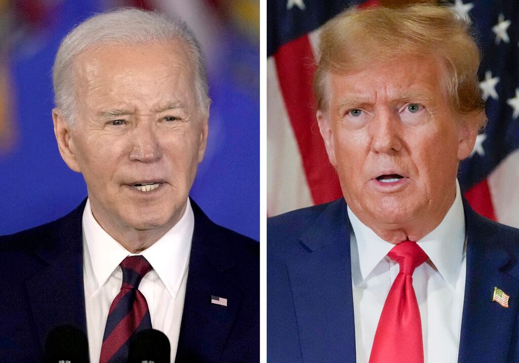 In this combination photo, President Joe Biden speaks in Milwaukee, March 13, 2024, left, and...