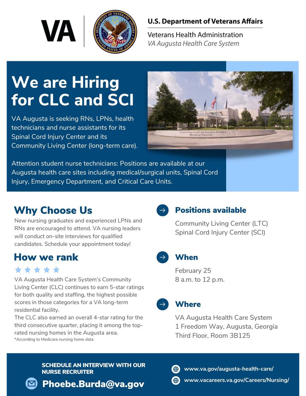 VA Augusta Health Care System will host a hiring event on Feb. 25.