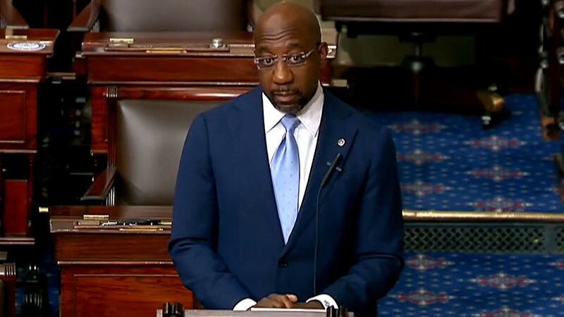 Georgia Sen. Raphael Warnock speaks against voting restrictions on March 17, 2021.