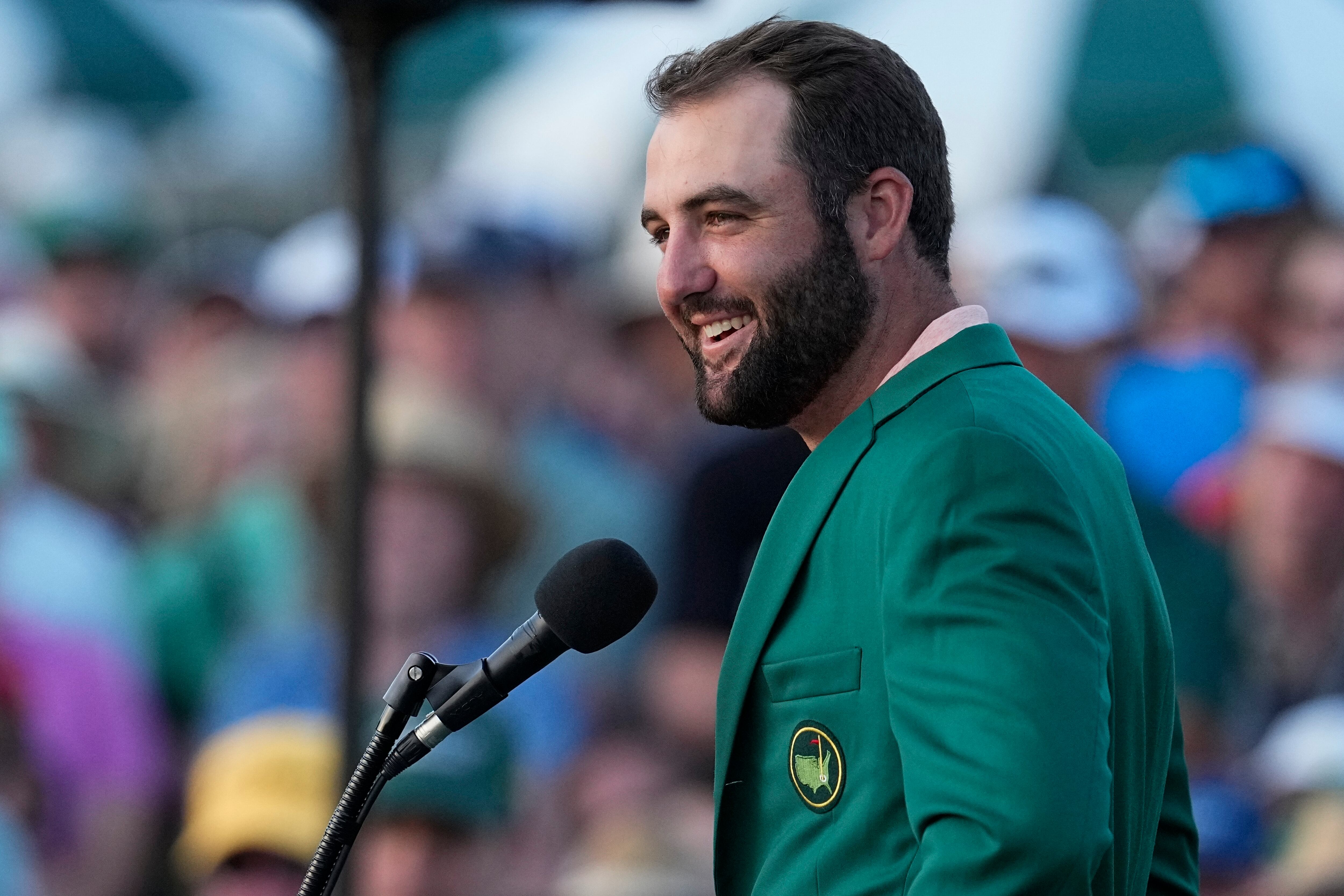 FILE - Scottie Scheffler speaks after winning the Masters golf tournament at Augusta National...