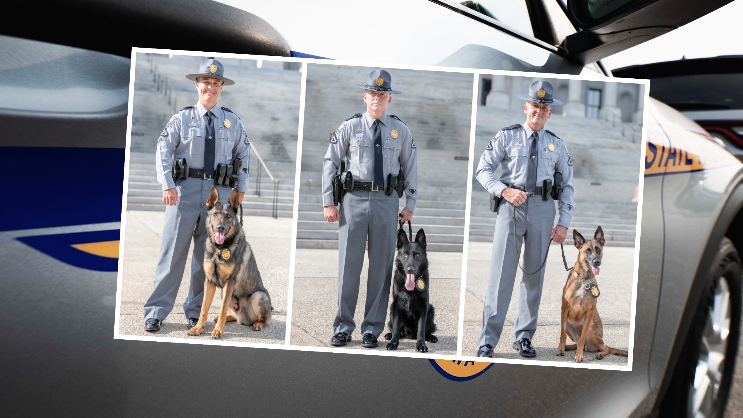 From left: K-9 Alverson, Master Maule; K-9 Chappell, Master Pruitt; K-9 Radford, Master Sarvis