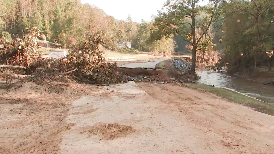 Storm damage near Old Fort Road in Flat Rock area of Henderson County after Hurricane Helene.