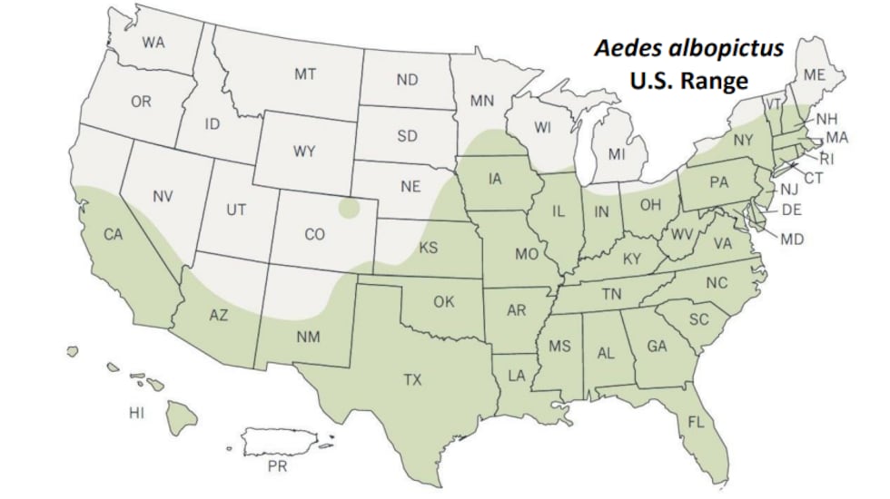 Range of Asian tiger mosquitoes in the U.S.