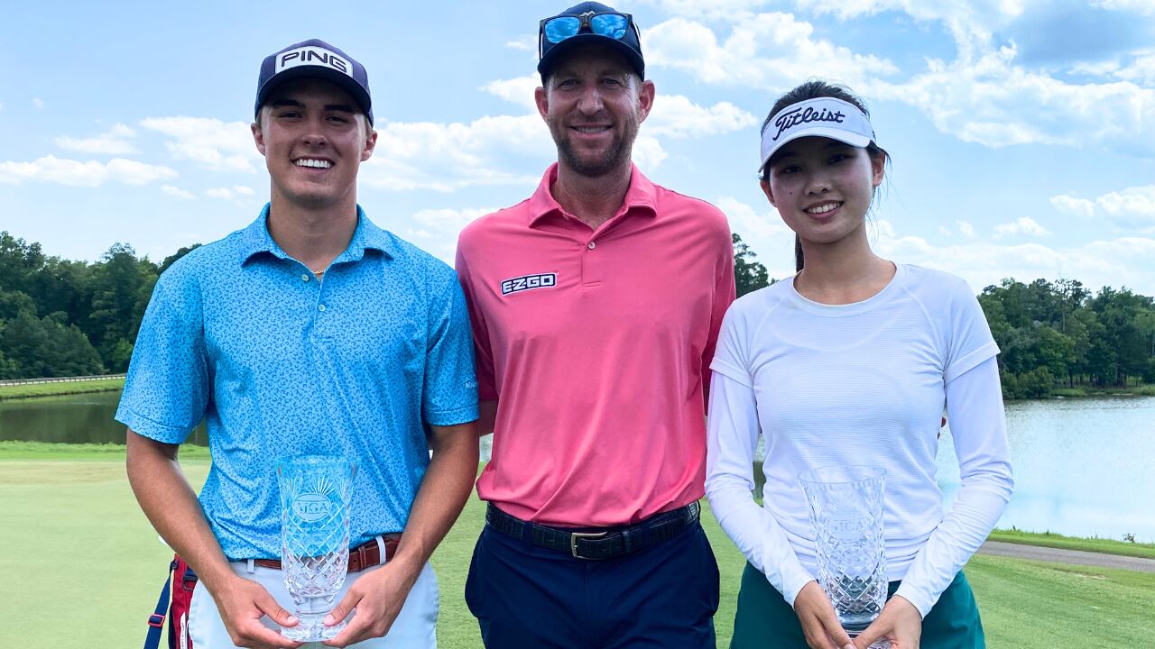 From left: Michael Hall, boys champion; Vaughn Taylor, PGA golfer; Victoria Wang, girls champion