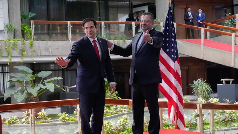 Secretary of State Marco Rubio, left, and Costa Rican President Rodrigo Chaves give a t...