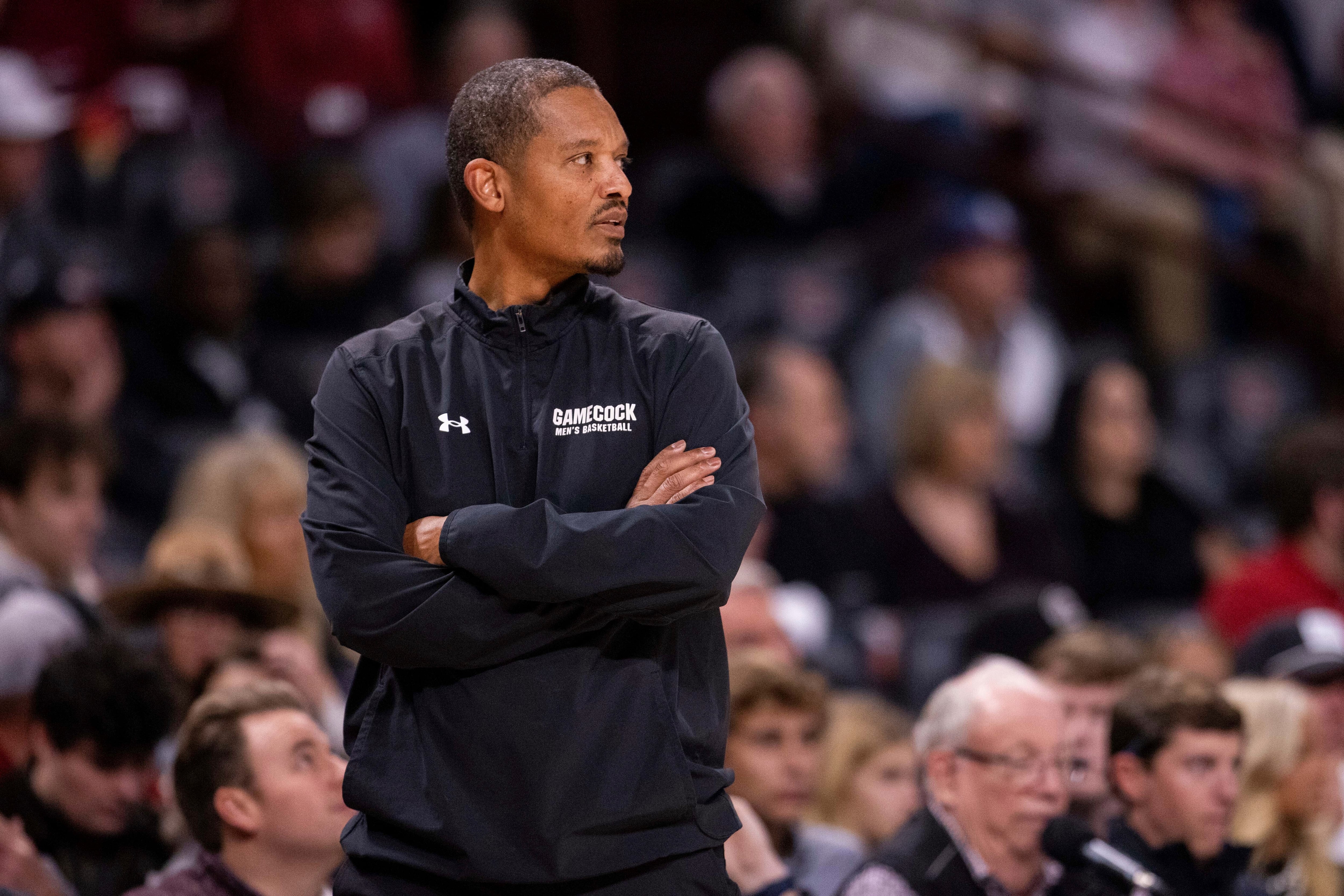South Carolina head coach Lamont Paris watches his team against the Alabama during the first...