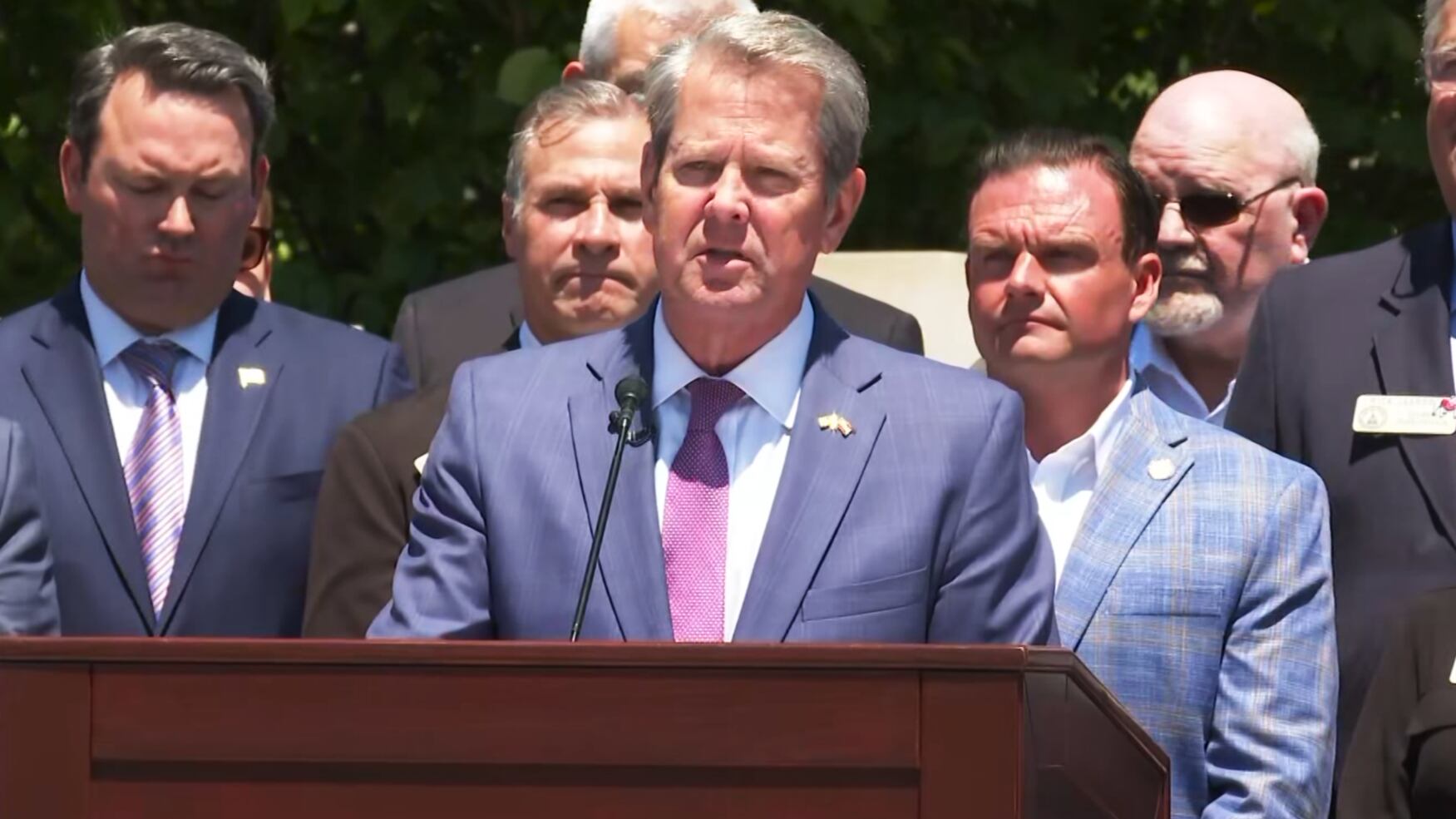 Georgia Gov. Brian Kemp speaks on April 23, 2024, before g several education bills at...