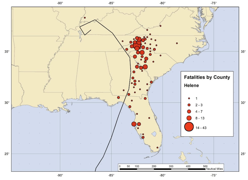 Direct and indirect deaths from Hurricane Helene.